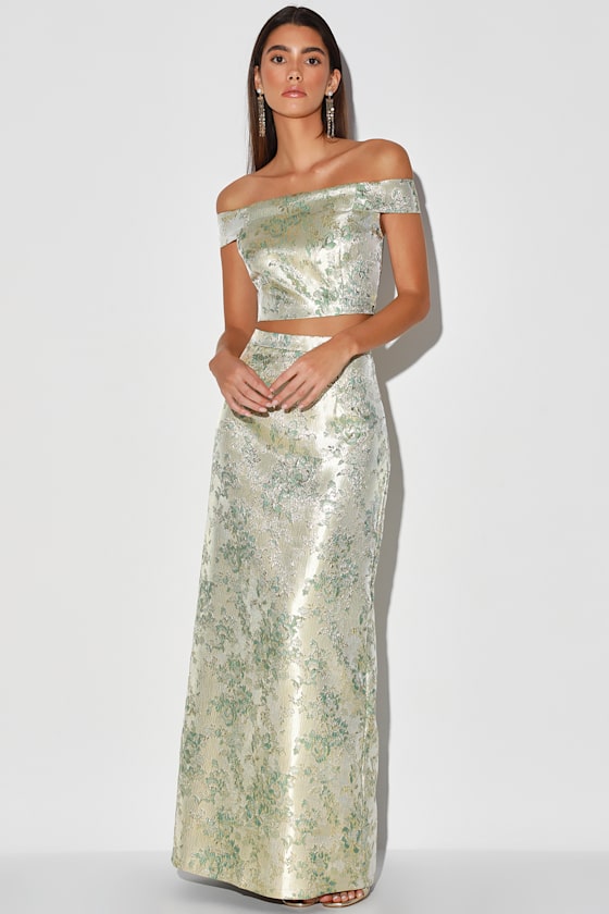 Evening Gleam Gold and Sage Green Two-Piece Maxi Dress 3