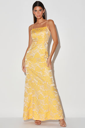 Champagne and Yellow Dress - Floral Jacquard Dress - Maxi Dress - Lulus