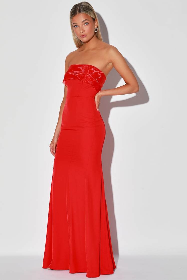 Red Tulle Strapless Ruched Maxi Dress | Womens | Small | 100% Polyester | Lulus