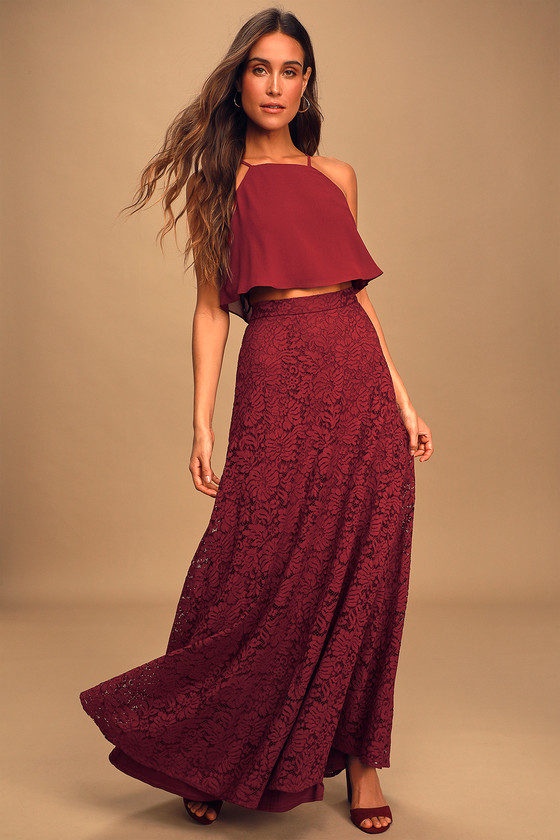 Red lace two piece dress hotsell
