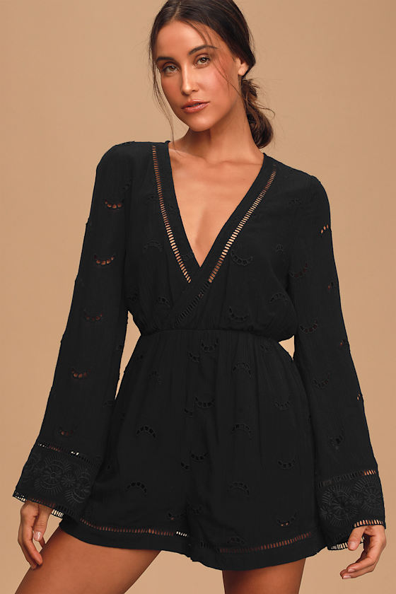 Black Eyelet Romper Long Sleeve Romper Embroidered Romper Lulus
