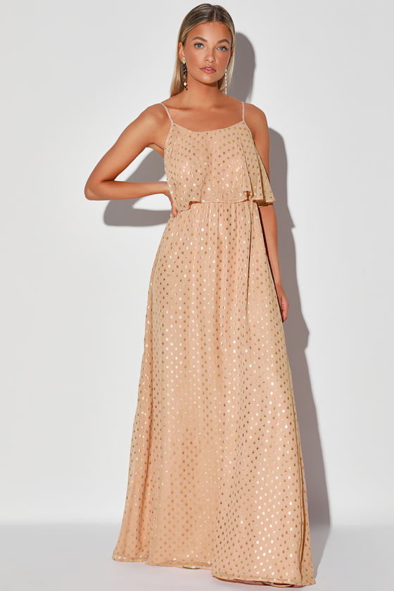 Blush and Gold Maxi Dress Polka Dot Dress Gold Foil Dress Lulus
