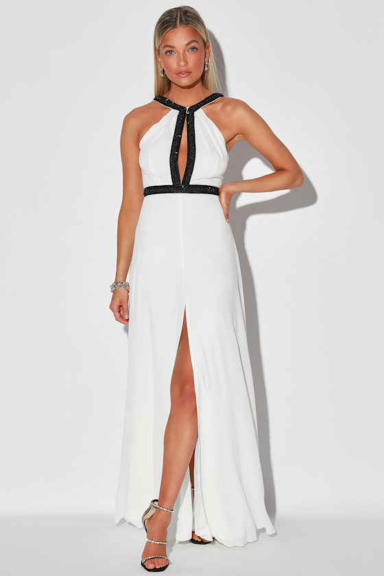 White Maxi Dress Beaded Maxi Dress Halter Maxi Chiffon Gown Lulus