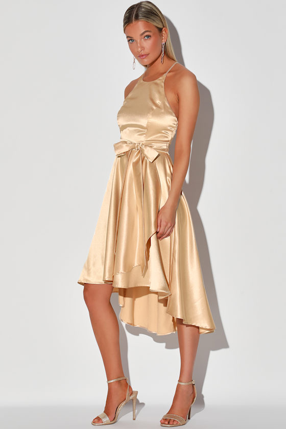 Light Up My Love Champagne Satin High-Low Skater Dress 3