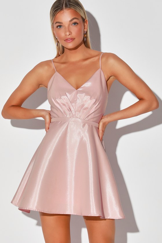 Pretty Pink Dress Skater Dress Pleated V Neck Mini Dress Lulus
