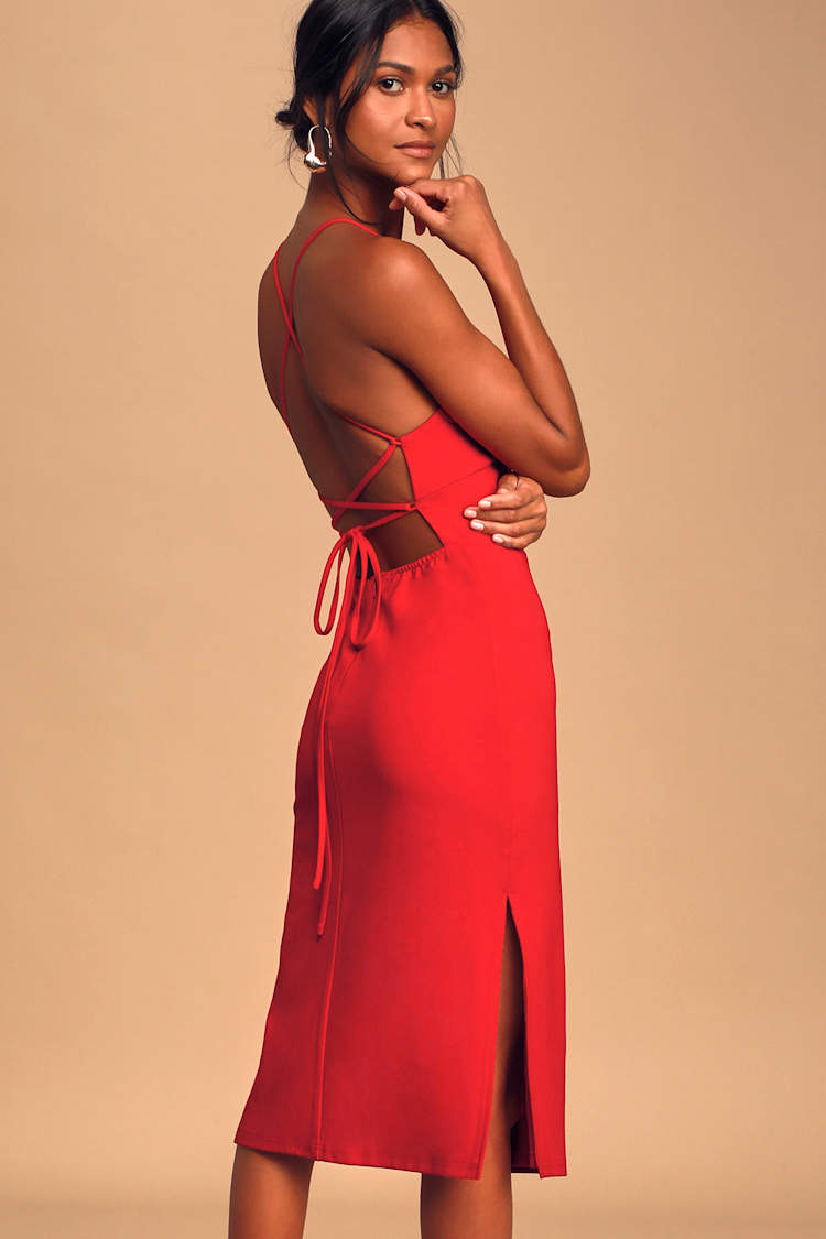Sultry Touch Red Lace-Up Bodycon Midi Dress