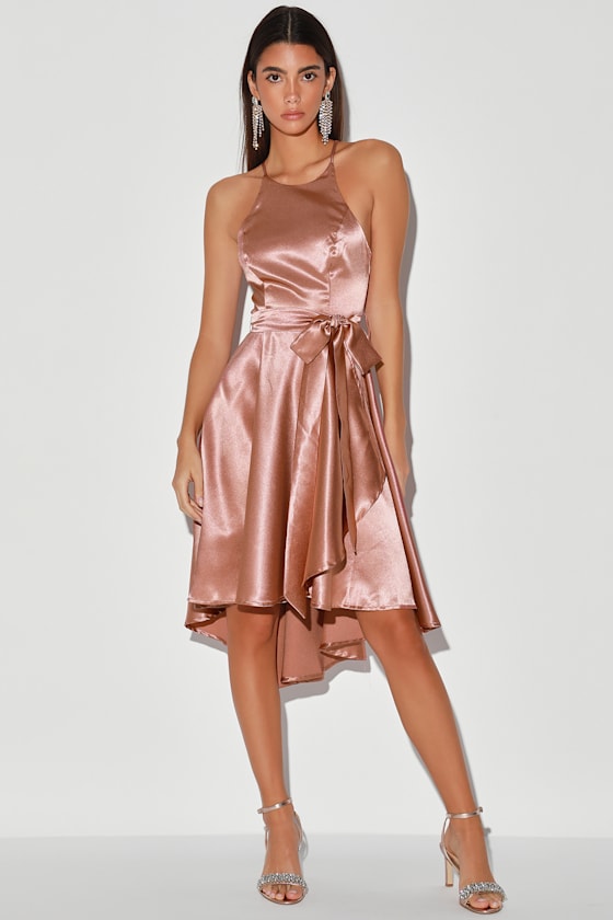 Light Up My Love Rusty Rose Satin High-Low Skater Dress 4