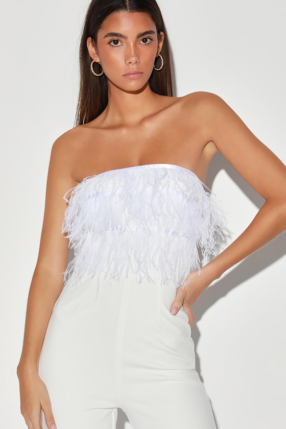 Luckiest Of All White Feather Strapless Jumpsuit 3