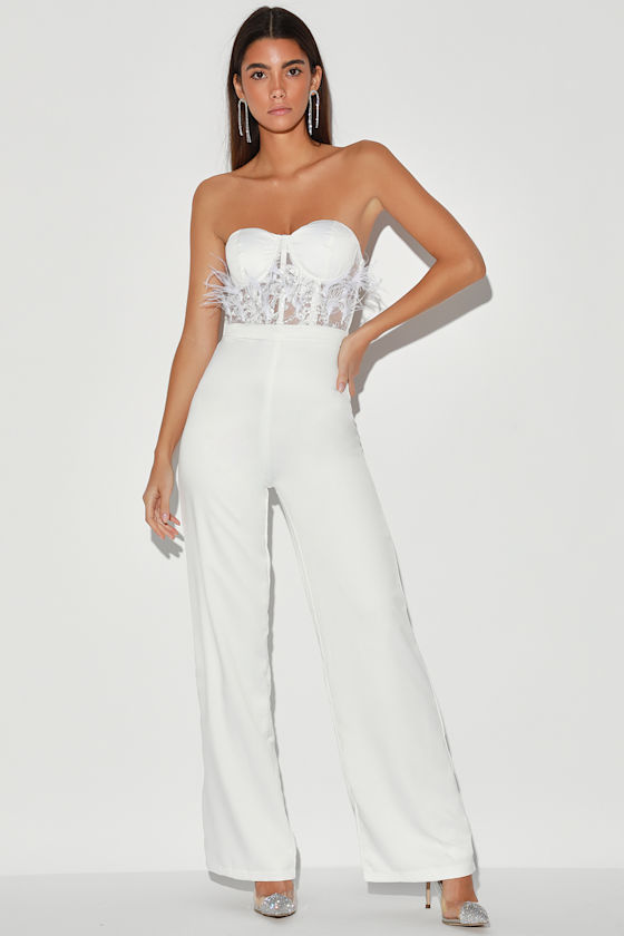 Hey Gorgeous White Feather Satin Strapless Wide-Leg Jumpsuit 3