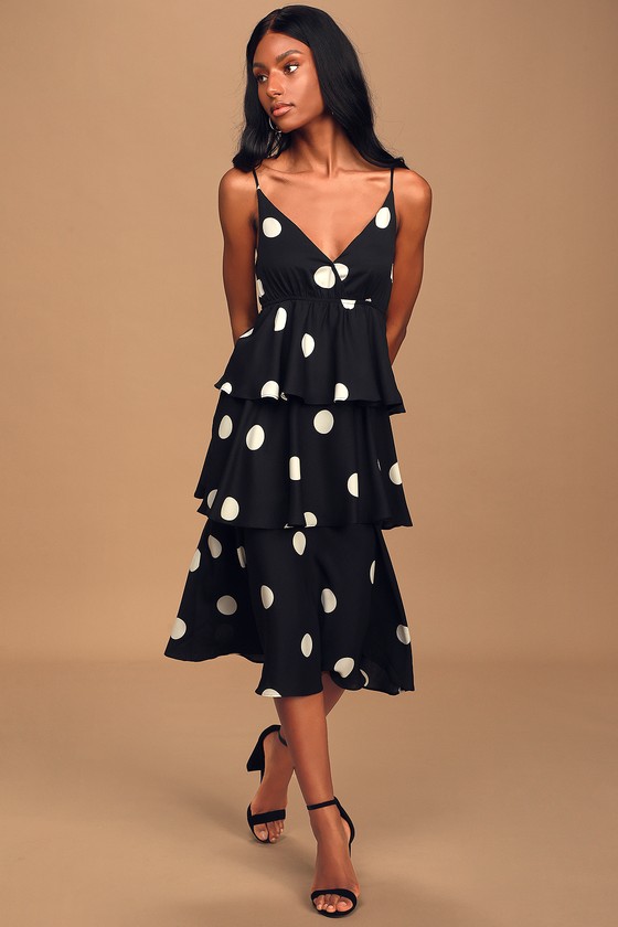 Cava Black and White Polka Dot Tiered Midi Dress