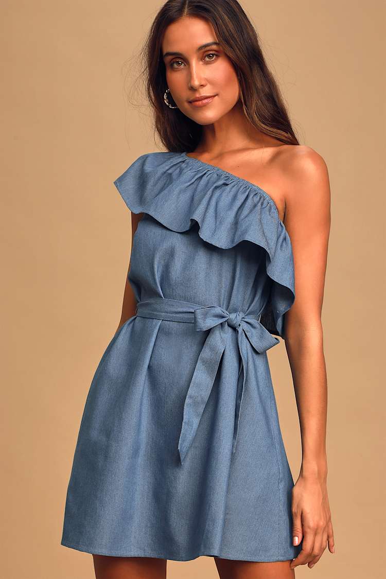 one shoulder chambray dress Cute Chambray Dress - Ruffled Mini Dress - One-Shoulder Dress