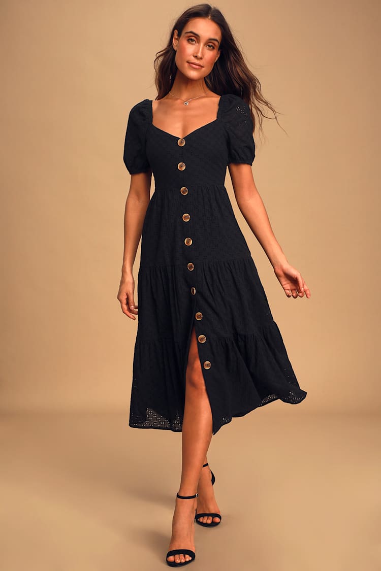 You're My Home Black Eyelet Lace Button Front Tiered Midi Dress