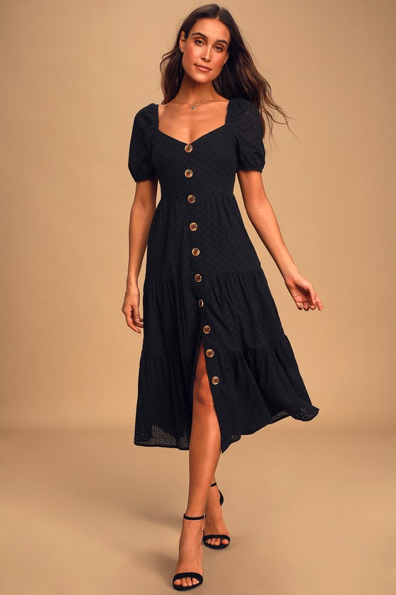 Black Dress - Midi Dress - Eyelet Lace Dress - Button Front Dress - Lulus