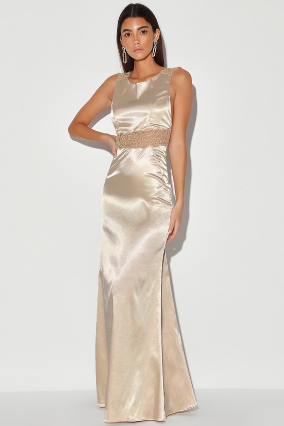 Champagne Maxi Dress - Satin Maxi Gown - Glam Embroidered Dress - Lulus
