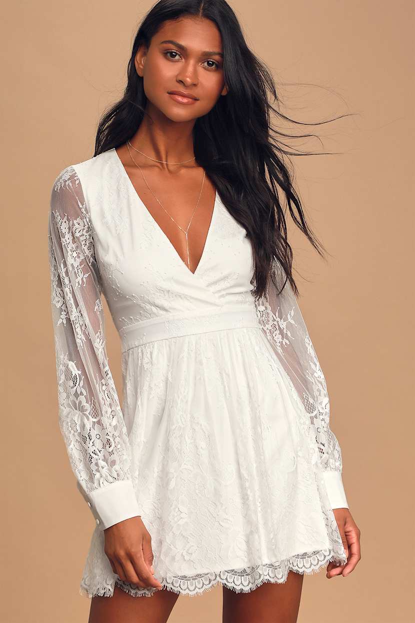 Promise Me This White Lace Long Sleeve Skater Dress