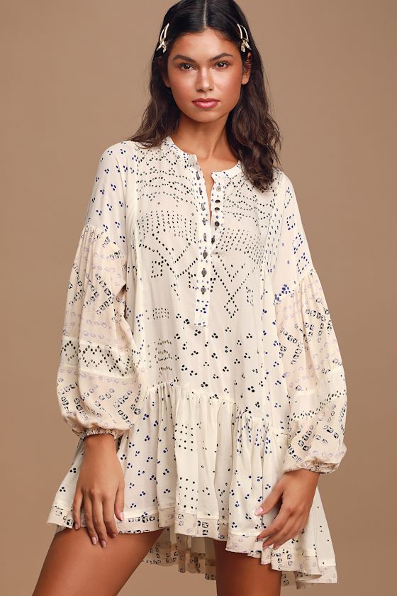 Shibori Ivory Print Long Sleeve Button-Up Tunic Top 3