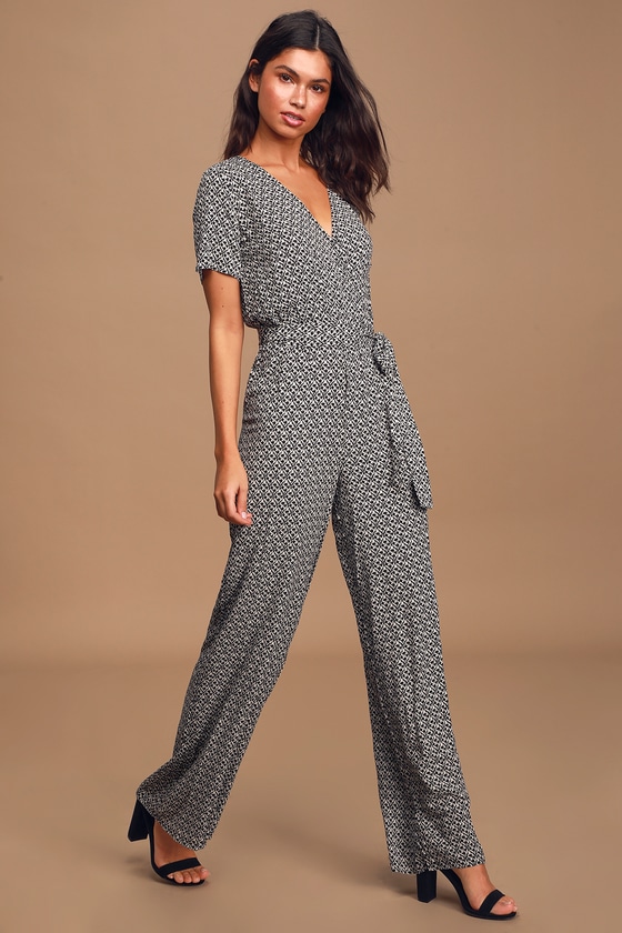 Chic Black and White Jumpsuit - Short Sleeve Jumpsuit - Wide-Leg - Lulus