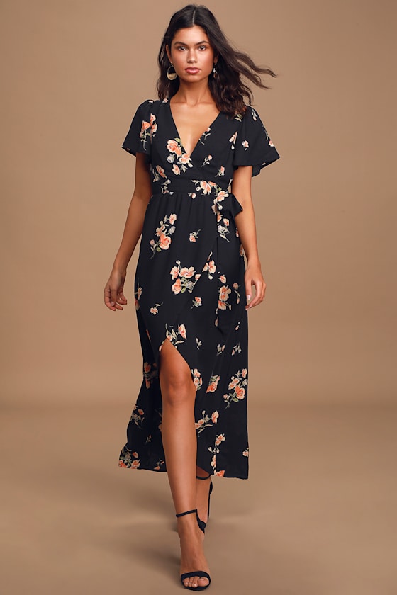 Treasured Love Black Floral Print Faux-Wrap High Low Dress 2