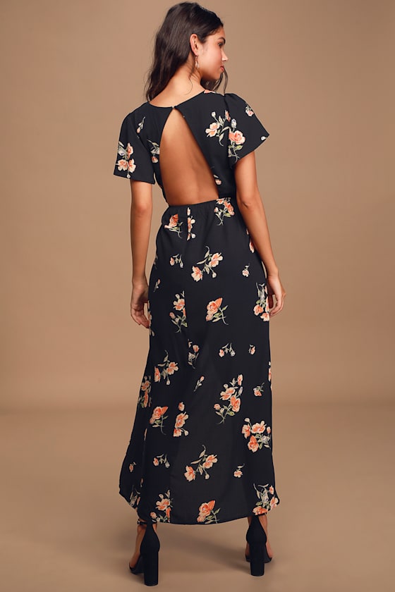 Treasured Love Black Floral Print Faux-Wrap High Low Dress 6
