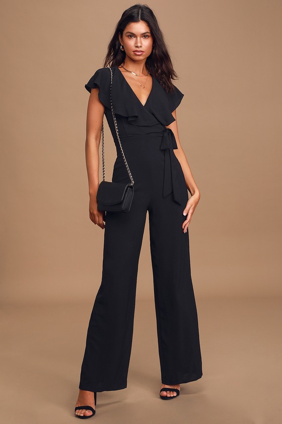 Chic Black Jumpsuit - Ruffled Jumpsuit - Faux-Wrap Jumpsuit - Lulus