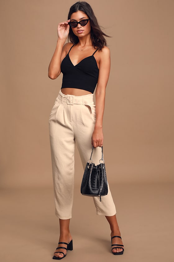 Larsen Cream High-Waisted Belted Tapered Pants 1