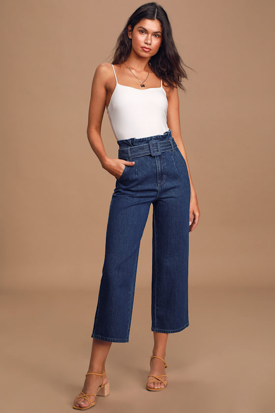 Dark Wash Jeans Paper Bag Waist Pants WideLeg Denim Pants Lulus