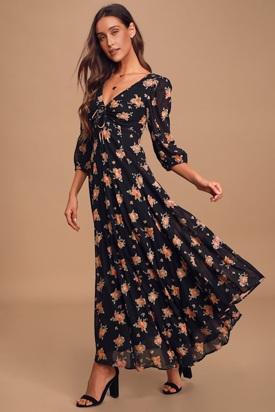 Sea Glass Black Floral Print Balloon Sleeve Midi Dress 3