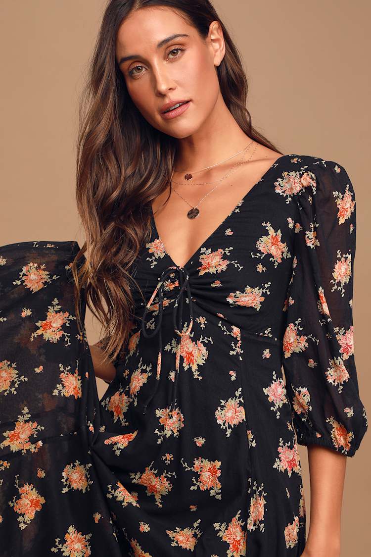 Sea Glass Black Floral Print Balloon Sleeve Maxi Dress