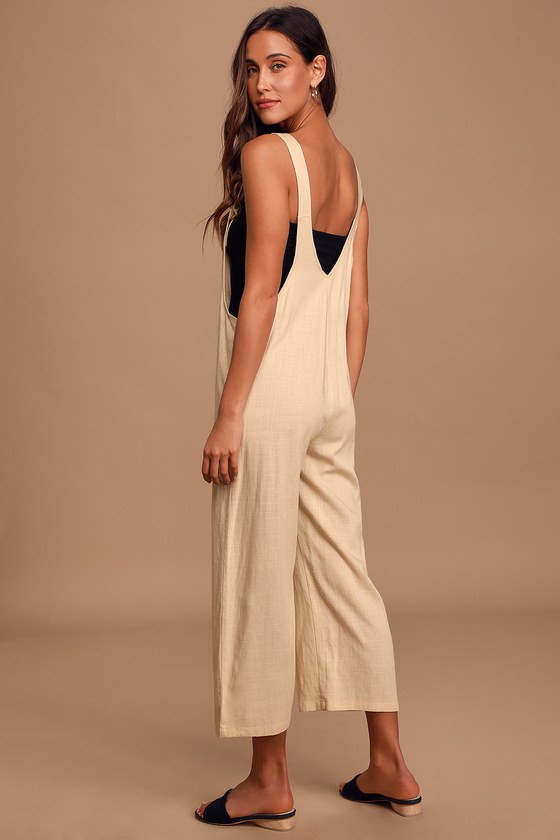 Cute Beige Overalls - Wide-Leg Overalls - Linen Overalls