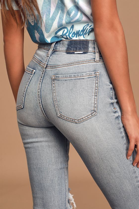 Shy Girl Light Wash High-Waisted Distressed Cropped Flair Jeans 5