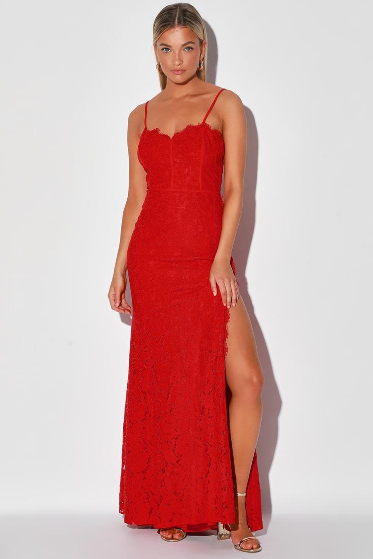 Sultry Red Maxi Dress - Floral Lace Maxi Dress - Slit Hem - Lulus