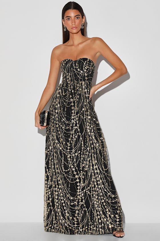 Glisten Up! Black and Gold Glitter Sequin Strapless Maxi Dress 4