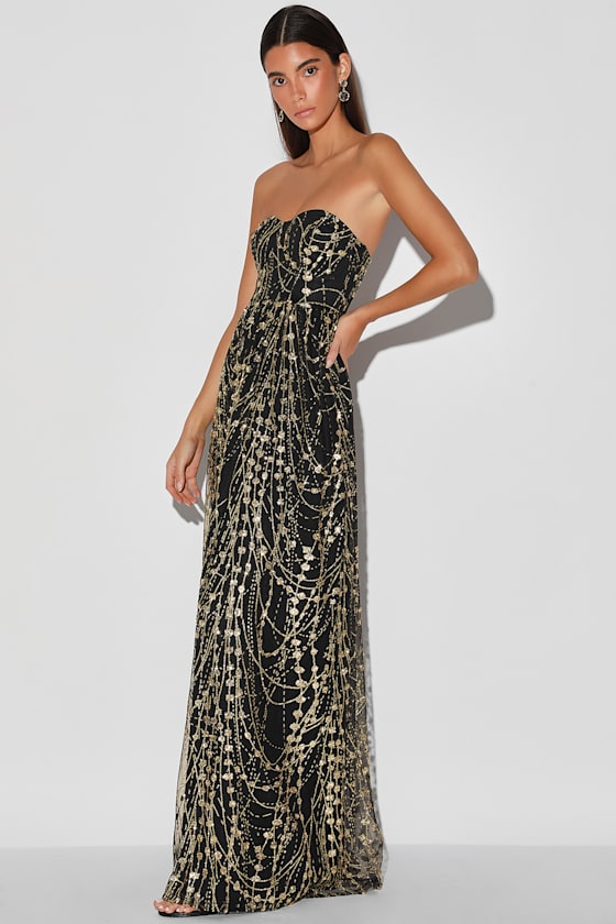 Glisten Up! Black and Gold Glitter Sequin Strapless Maxi Dress 5