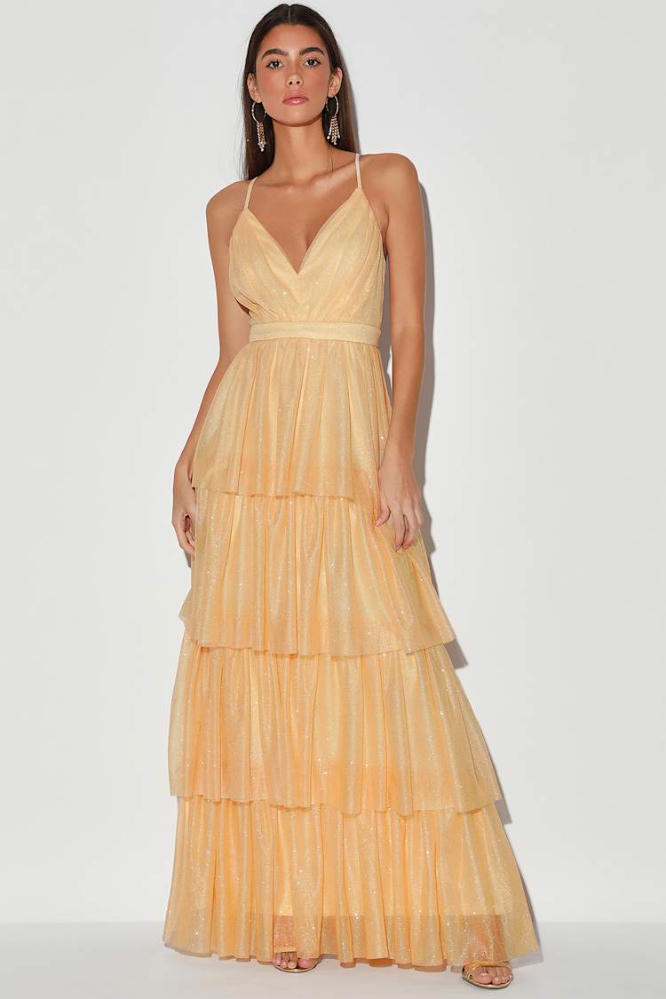 sachin and babi light blue dress Stunning Starlet Champagne Glitter Tiered Backless Maxi Dress