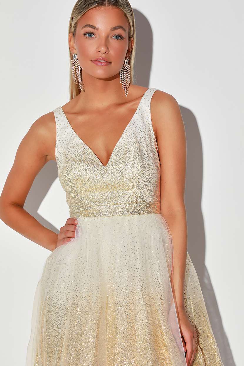 Lovely Cream and Gold Dress - Skater Dress - Tulle Dress - Lulus
