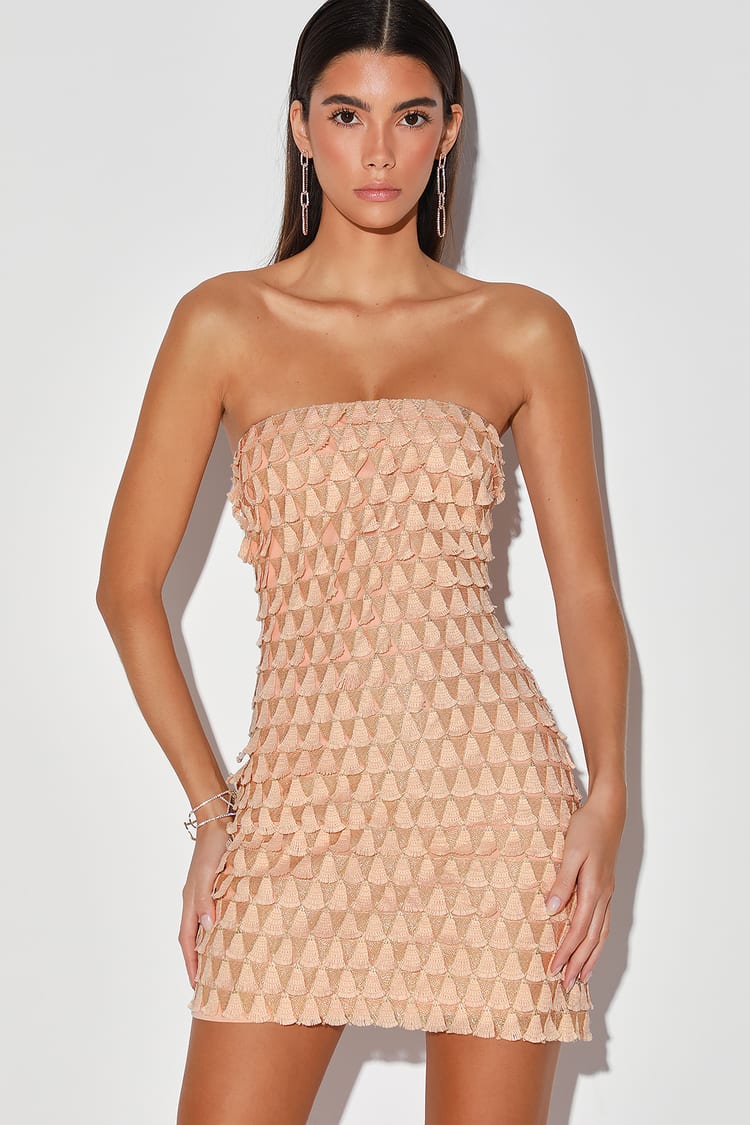 Gold Sequin Fringe Bodycon Mini Dress | Womens | Large | 100% Polyester | Lulus