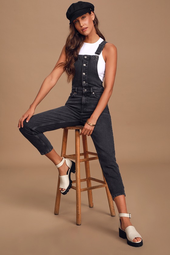 button front denim overalls