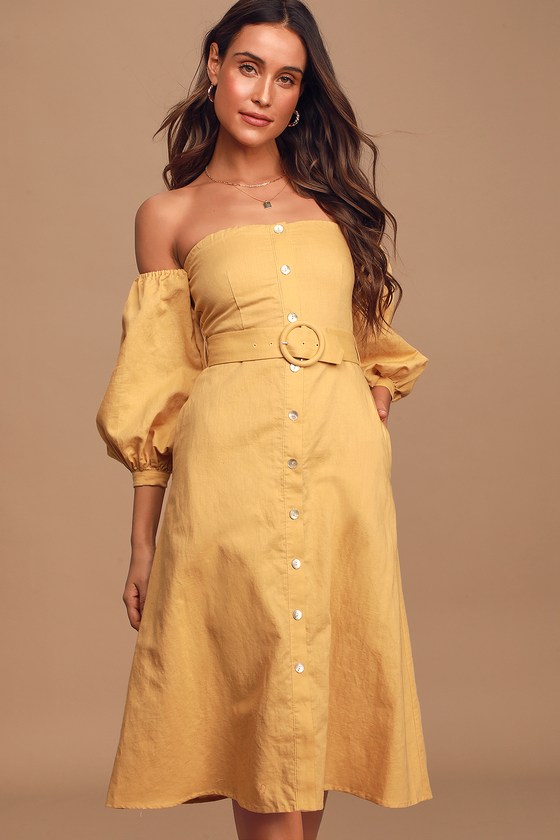 yellow off the shoulder midi dress