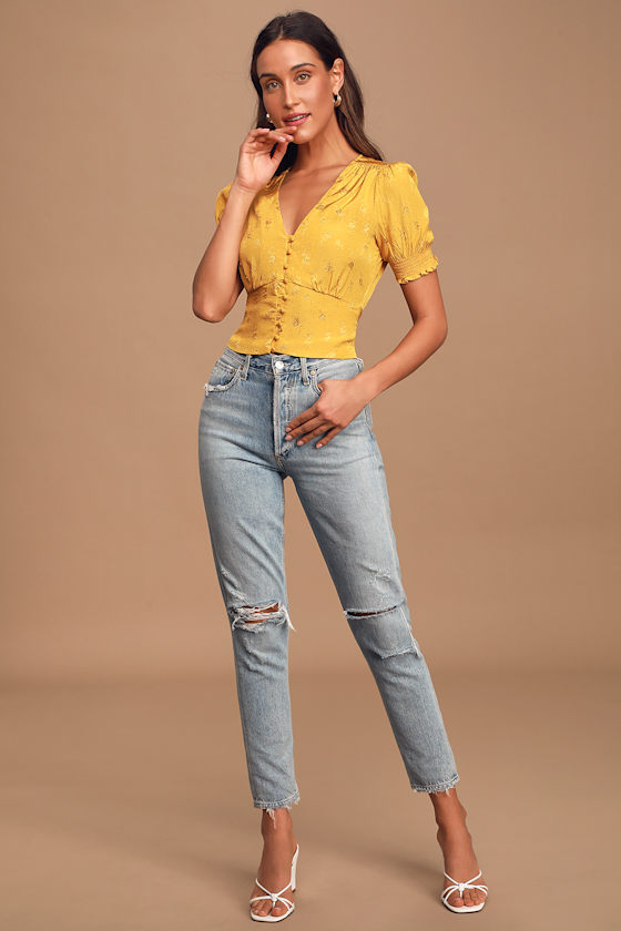 Tallulah Golden Yellow Jacquard Button-Front Puff Sleeve Top 1