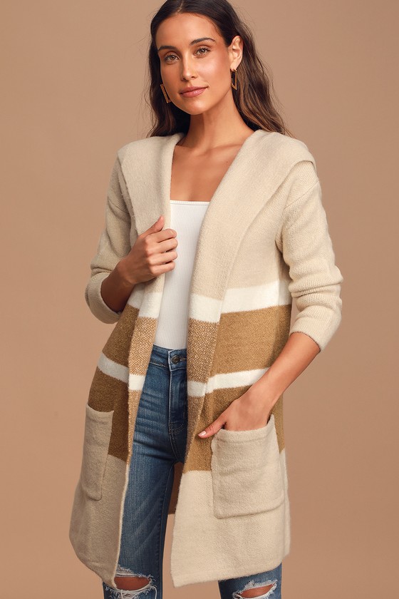 Carlsbad Tan and Beige Hooded Cardigan Sweater