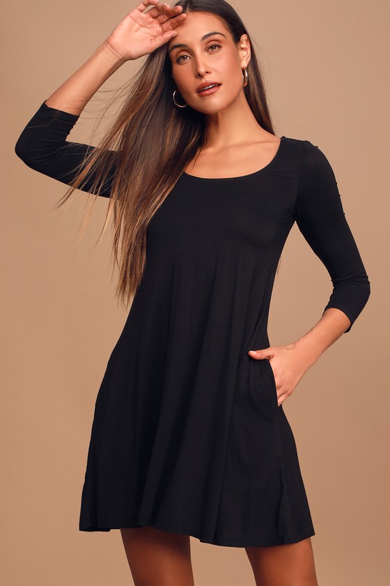 Cute Black Dress - Swing Dress - Long Sleeve Dress - Lulus