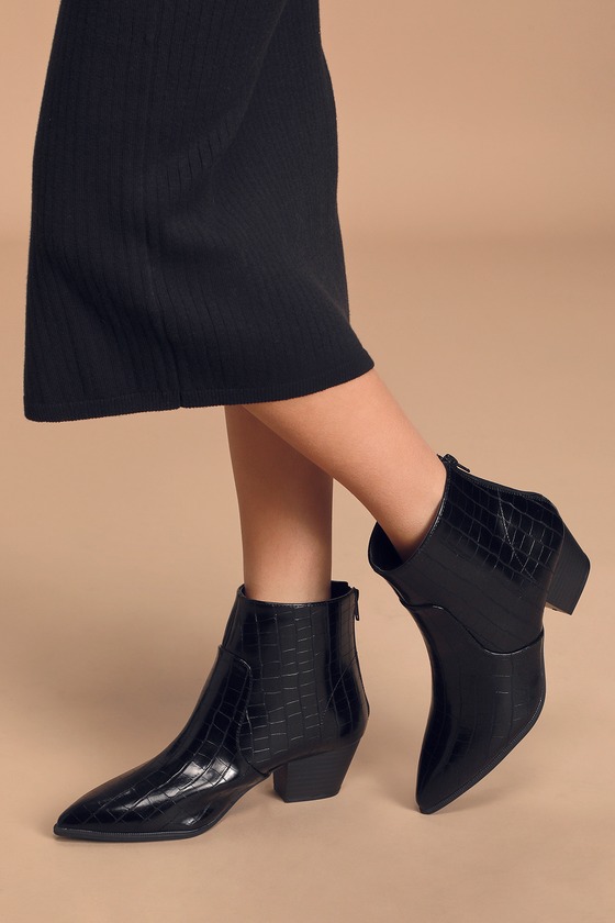 black croc pointed ankle boots