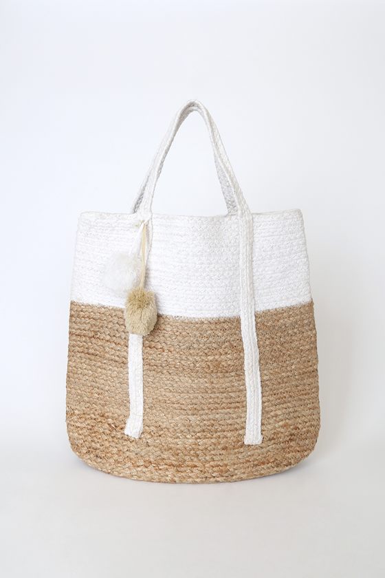 Suns Out Ivory and Tan Woven Pom Pom Tote Bag 1