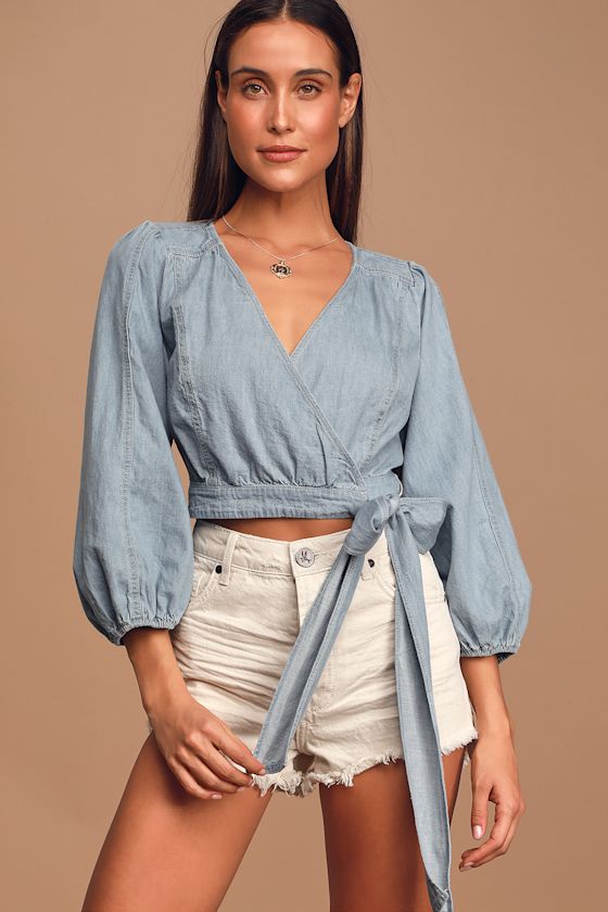 Free People Sophie Top Denim Crop Top Balloon Sleeve Wrap Top Lulus