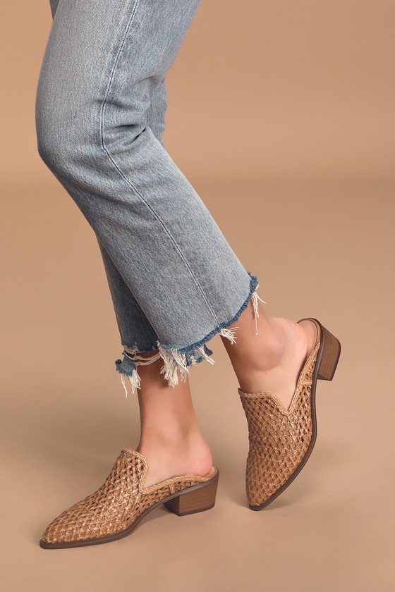 tan woven mules heels