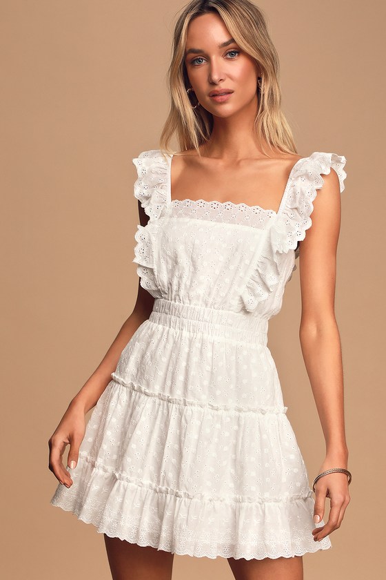 Cute White Mini Dress - Embroidered Skater Dress - Ruffled Dress - Lulus
