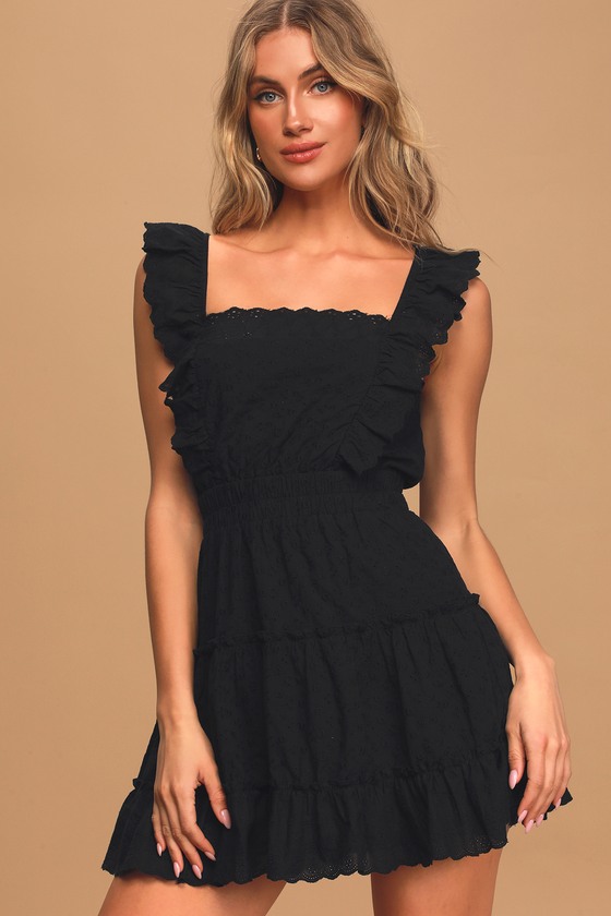 Cute Black Mini Dress - Embroidered Skater Dress - Ruffled Dress - Lulus