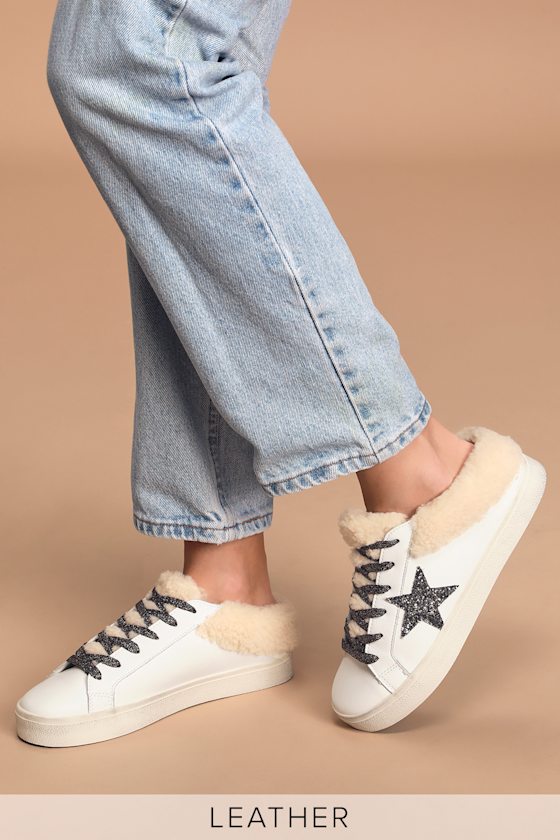Polaris White and Natural Leather Slide-On Flatform Sneakers 1