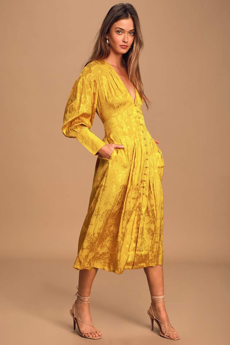 floral print satin midi dress Elegant Pink Multi-Color Floral Print Satin V-Neck Ruffle Midi Dress L / Pink