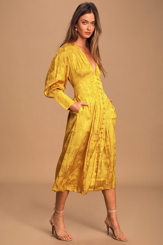 Sunsets With You Golden Yellow Jacquard Button-Up Midi Dress 5